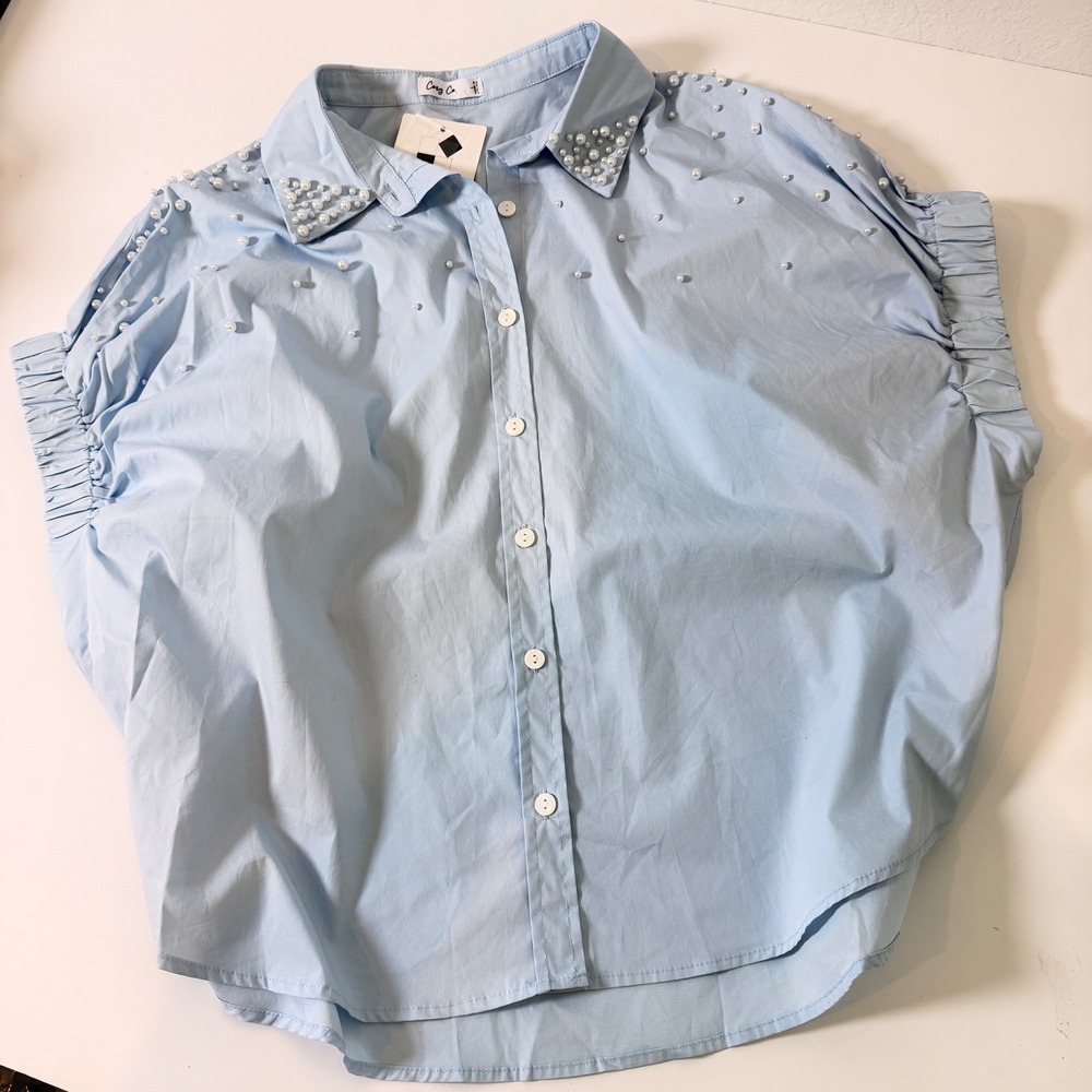 Cozy Co Pearl Embellished Cotton Button Down Shirt Blue Large NWT
